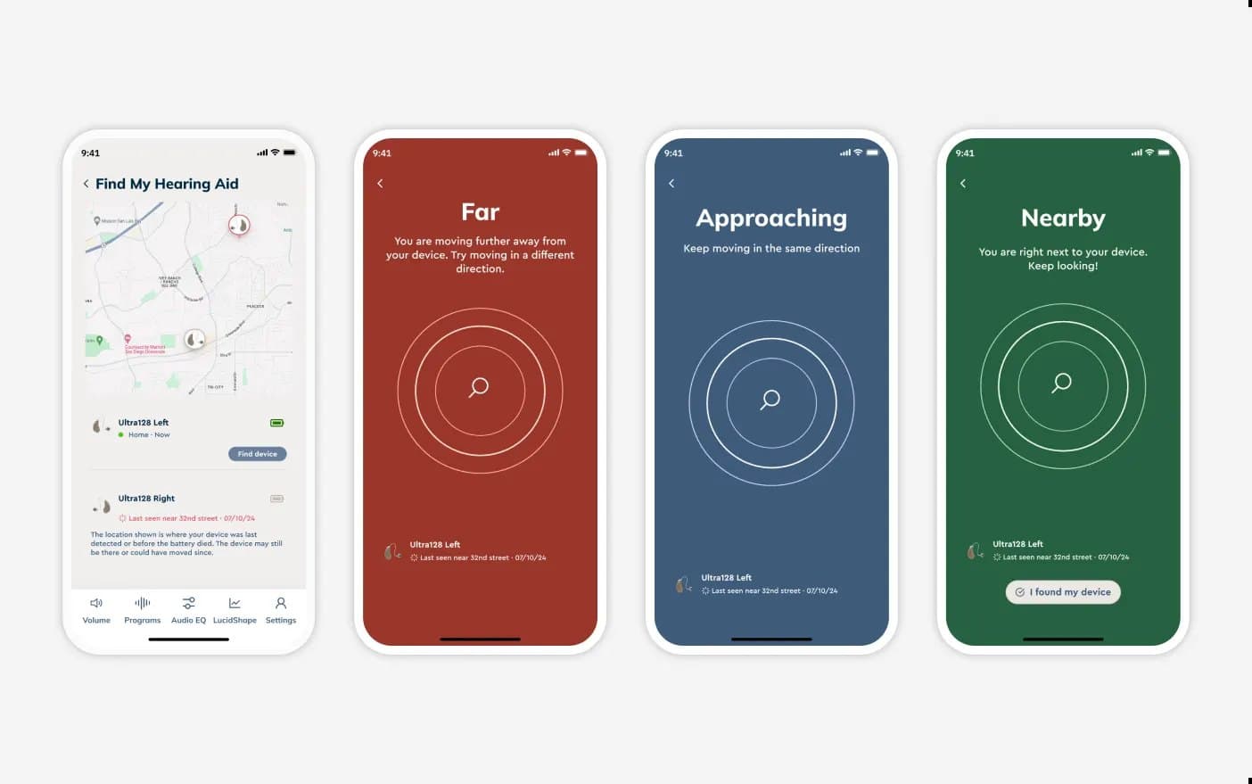 Find My Hearing Aid: far, approaching, nearby